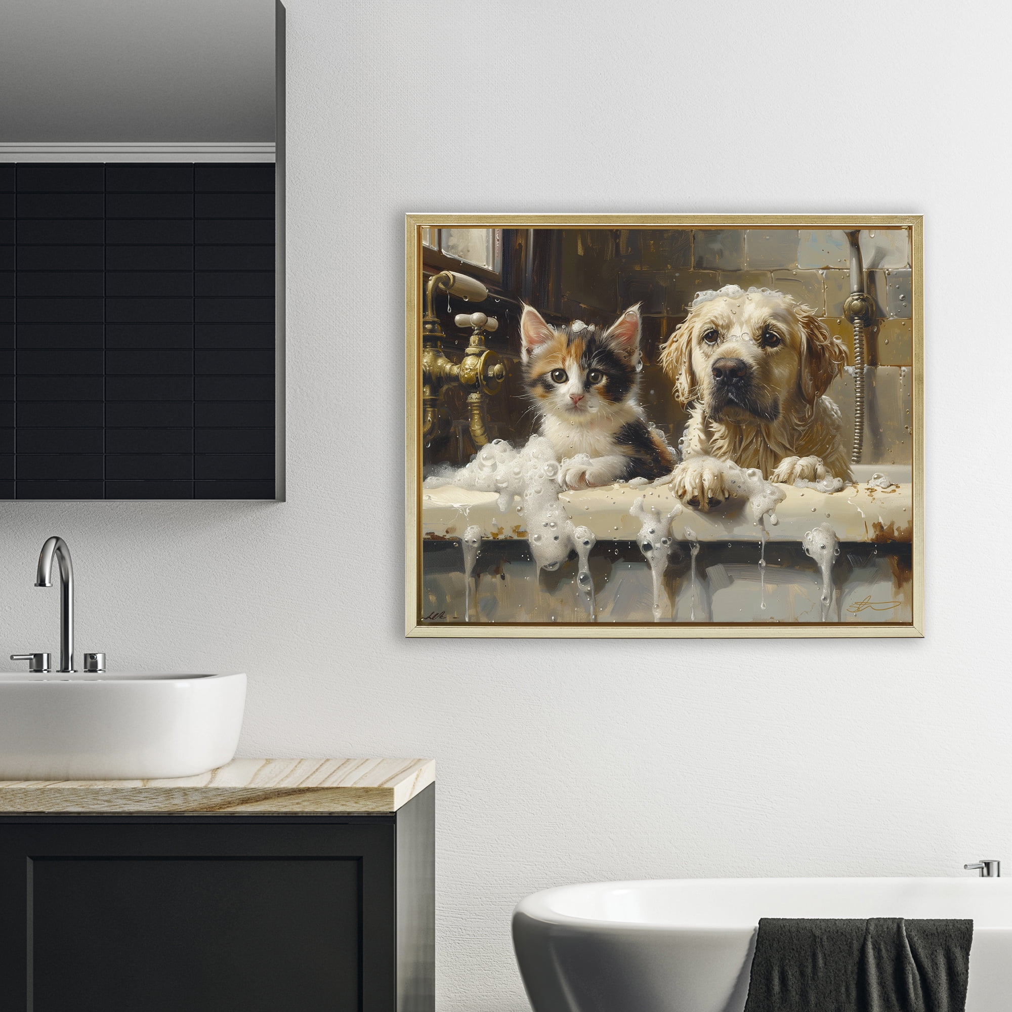 Bath Buddies Cat & Dog Gold Framed Floater Canvas Wall Art, design by Shawna Stewart
