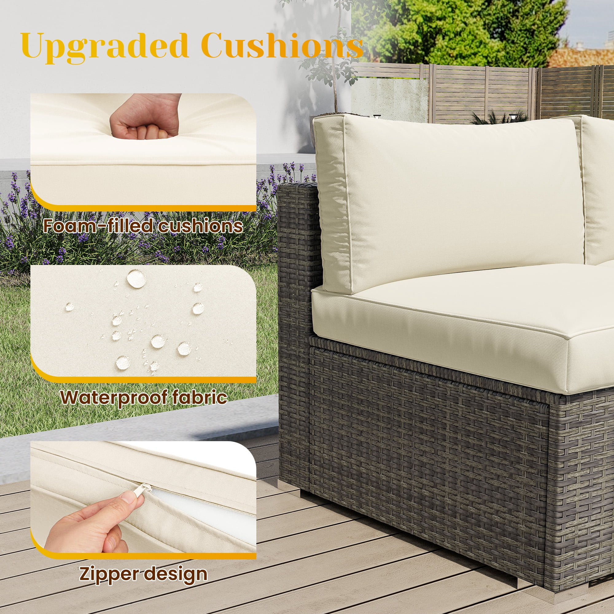 Cozyhom 5 Pc Outdoor Wicker Sectional Dining  Sofa Furniture Set, All Weather Wicker Sectional Dining Conversation L Shaped Indoor Couch With Ottoman, Beige