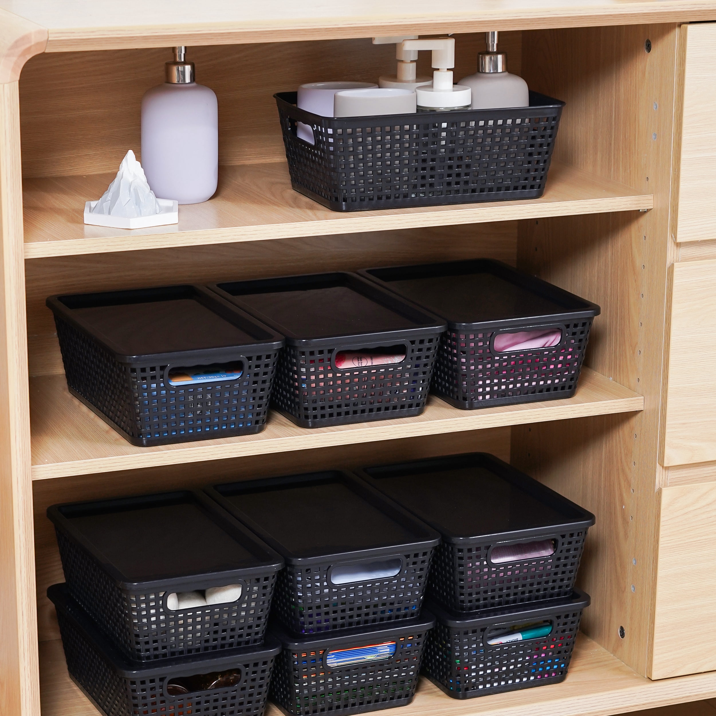 Small Plastic Storage Basket with Lid Handle 7x10.9x4 in Black 8 Pack
