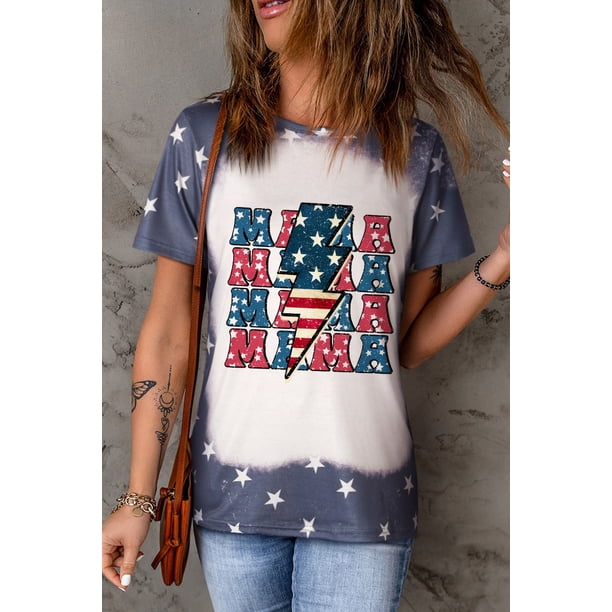 ABPHQTO Camiseta gráfica con estampado de estrellas y relámpagos de la bandera estadounidense MAMA azul para mujer