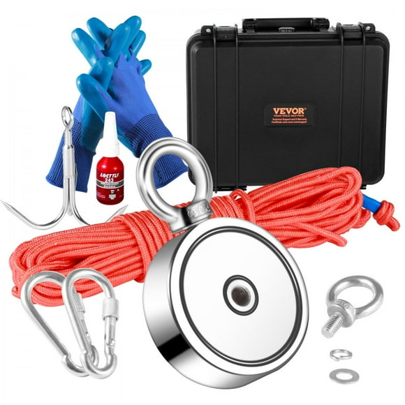 Magnet Fishing Kit, 1200lbs Pulling Force Double Sided Fishing Magnets, 2.95inch Diameter Magnet with Rope, Grappling Hook, Gloves, Waterproof Case, Threadlocker, Eye Bolt, for Fishing
