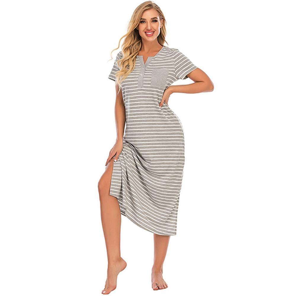 Orchip Women's Striped Long Nightdress with Buttons Cotton Short