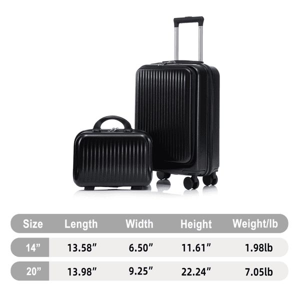 14"/20" in ABS Spinner Wheel Luggage, 2Pcs/Set with Combination Lock and Front Opening Design, 14" Cosmetic Case (Black)