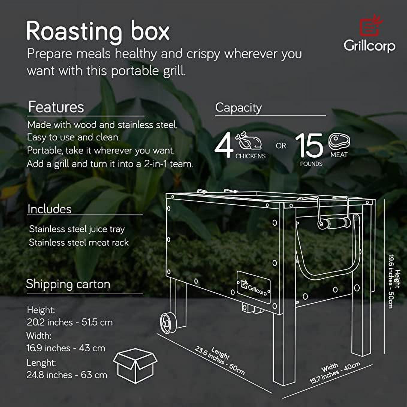 Grillcorp Caja China Junior, Roasting Box 100% Stainless Steel with Front Wheels, Stainless Steel interior grill and tray, Pig Roasting Box, Pizza Grill Box, Junior, Black.