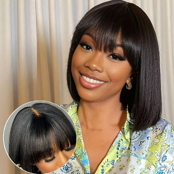 Datanala Straight Bob Wig with Bangs Human Hair 10Inch 3x1 HD Lace Glueless Bob Wigs Short Inch Blunt Cut Silk Bob Wig Wear and Go 180% Density Bob Wig with Bangs Realistic Look