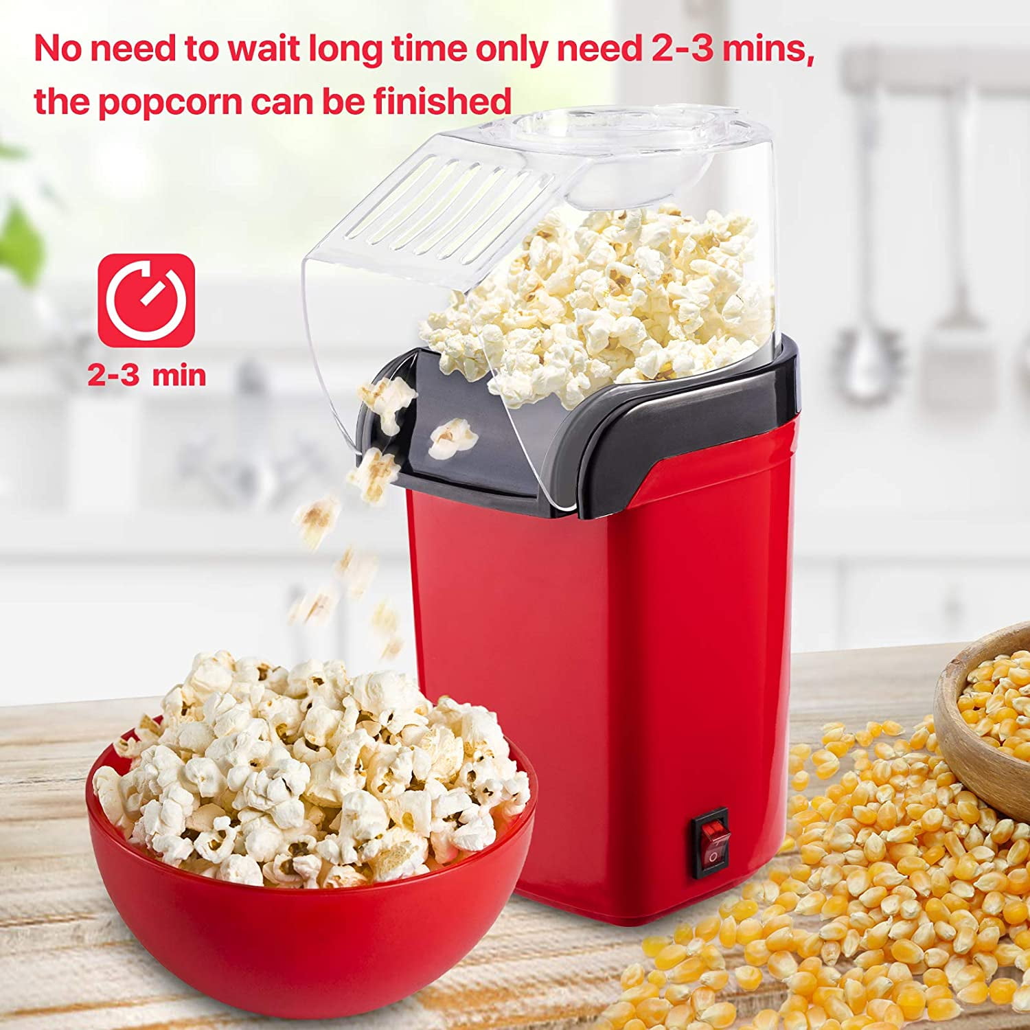 No Oil Required! 4YourHome 1200W Red & White 1950s Retro Style Hot Air Popcorn Maker for Fresh Healthier & Fat-Free Popcorn 