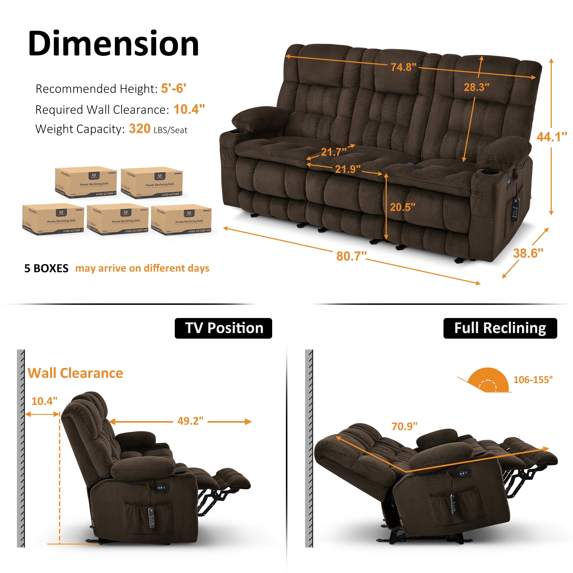 MCombo 80.7" 3 Seater Power Reclining Sofa Couch with Heat Vibration Massage for Living Room, Fabric, Brown