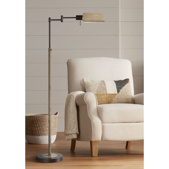 Regency Hill Rustic Farmhouse Pharmacy Floor Lamp with USB Charging Port 54" Tall Bronze Faux Wood Adjustable Swing Arm for Living Room Reading Office