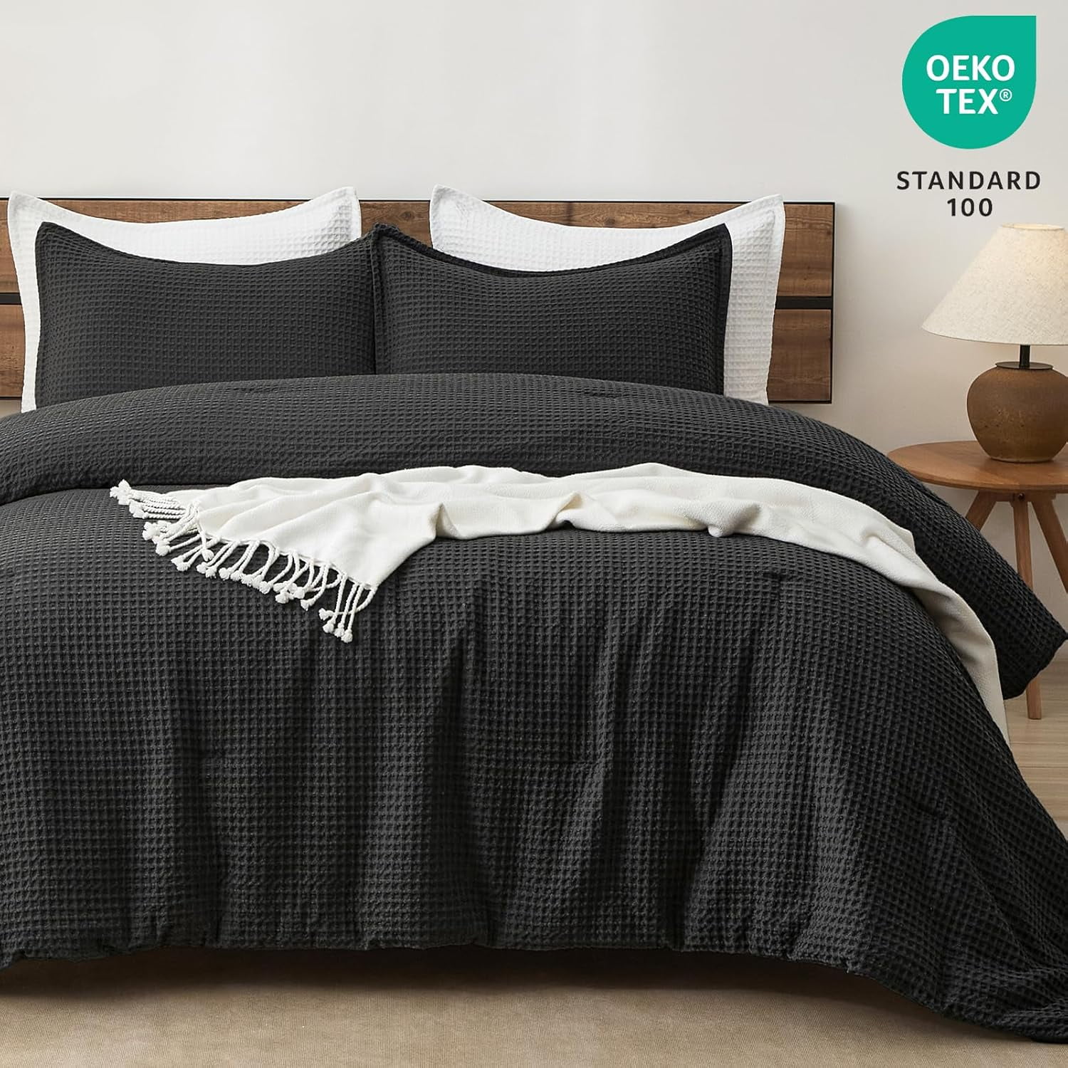 PHF 3-Piece Waffle Weave Comforter Set Queen Size, Lightweight Comfy Bedding Set for All Season, Ultra Soft Textured 1 Comforter with 2 Pillow Shams, Black