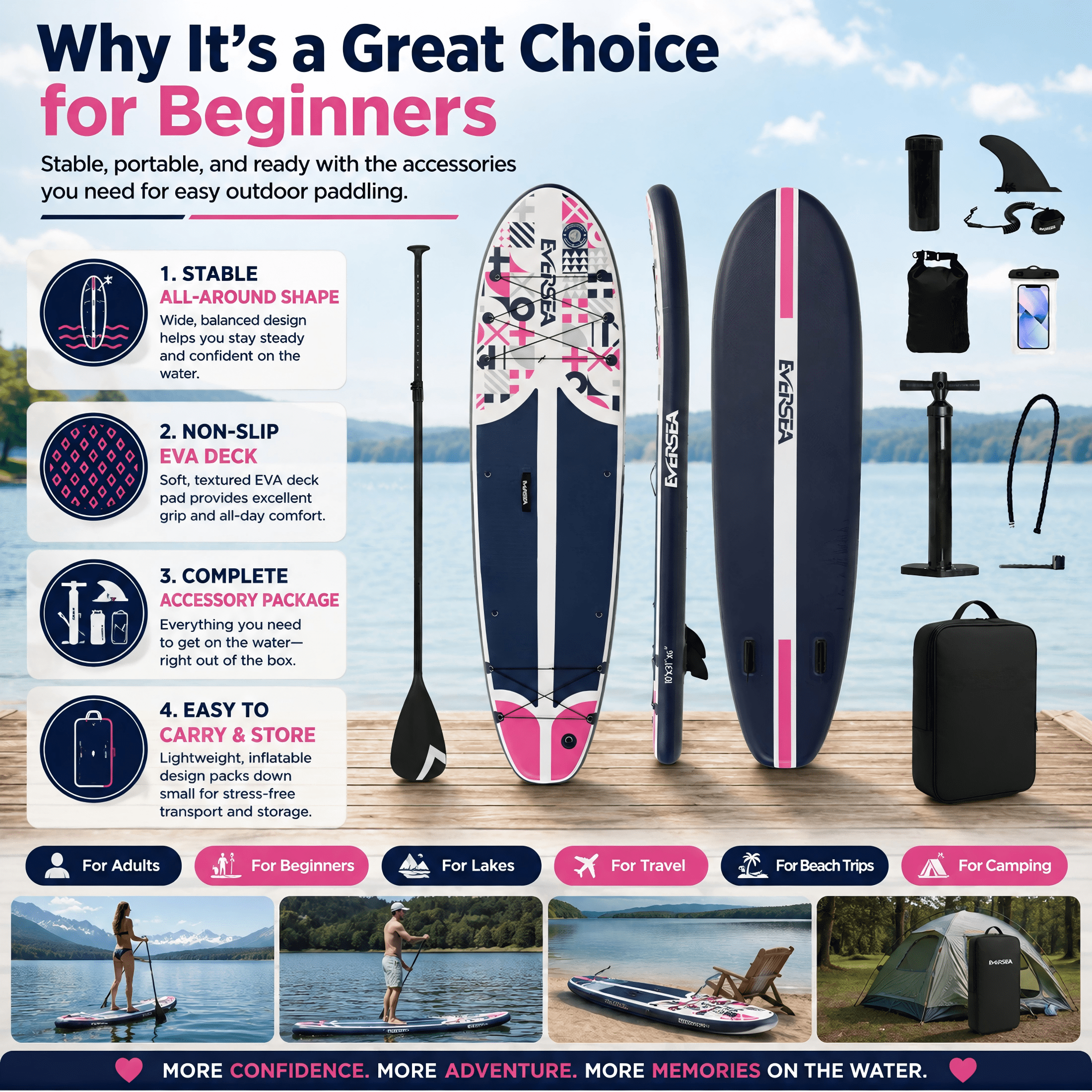 Rayocon Inflatable Paddle Board, 10ft Stand up SUP Board with Non-Slip EVA Deck, Stable Design and Premium Accessories