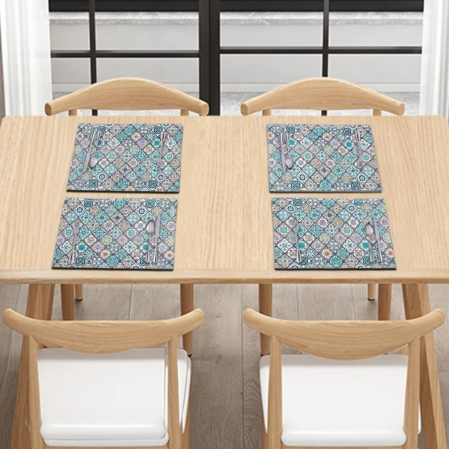 Durable Boho Placemats Set of 4, Dining Table Woven linen Placemat Wipeable Easy to Clean Oil-Proof Non-Slip Tablemats for Kitchen, Bohemian Style Blue