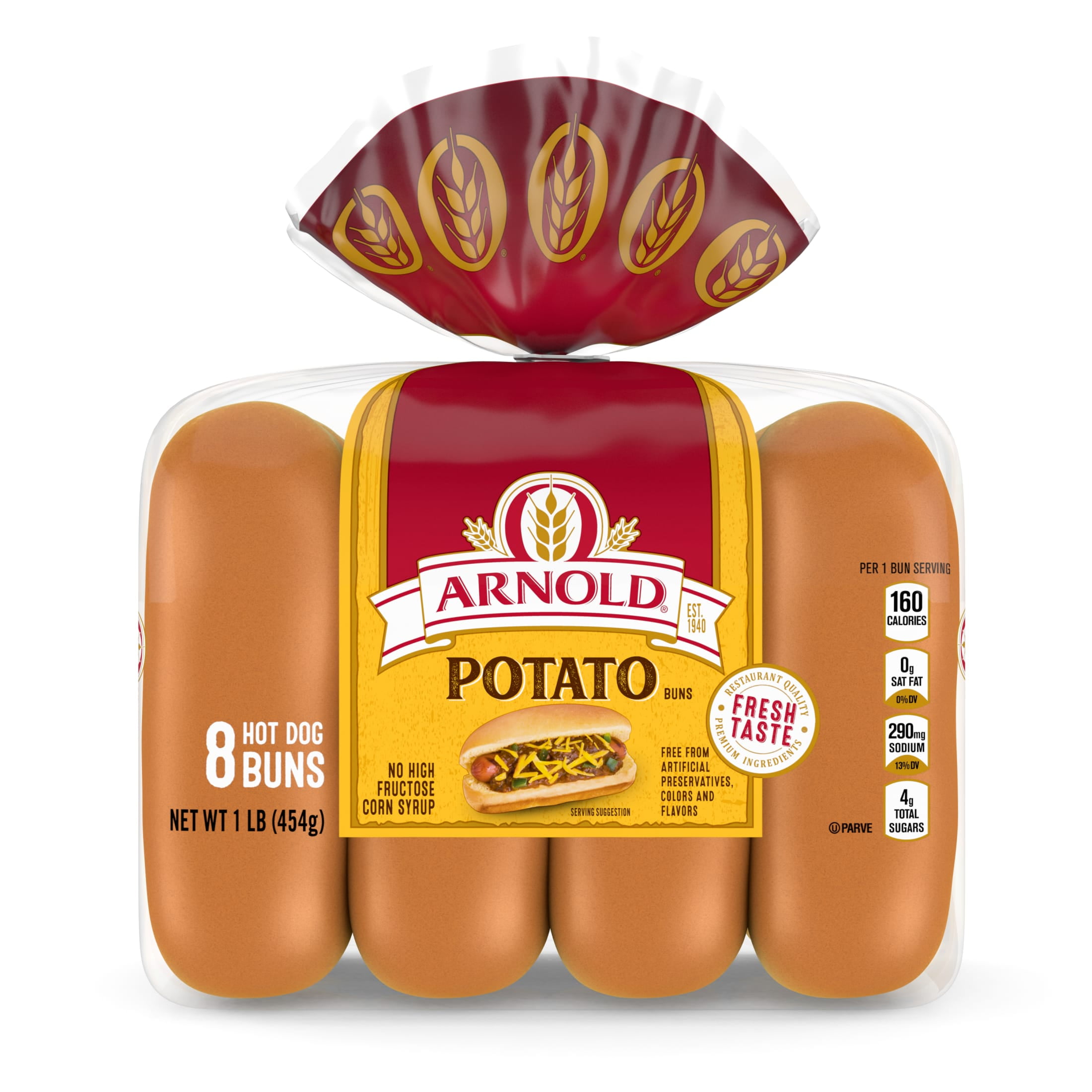 Arnold Potato Buns, 8 count, Hot Dog Buns, 16 oz Bag