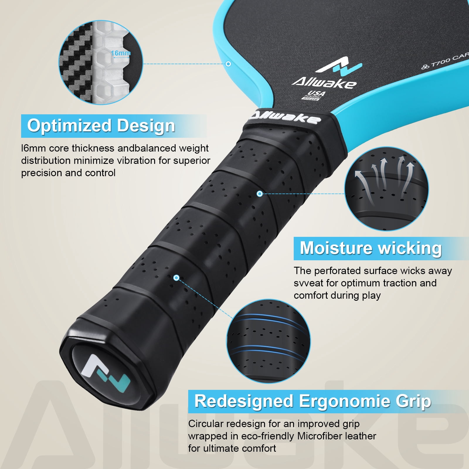 ALLWAKE Pickleball Paddles, Multi-Layer T700 Textured Carbon Fiber Pickleball Paddle, USAPA Approved Pickle Ball Paddle, Strong Power and Spin Surface