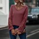 thumbnail image 4 of Camisa de manga larga de encaje con cuello en V para mujer, suelta, informal, a la moda, agradable para la piel, transpirable, cuello en V, color sólido, Top de manga larga, rojo vino L, 4 of 7