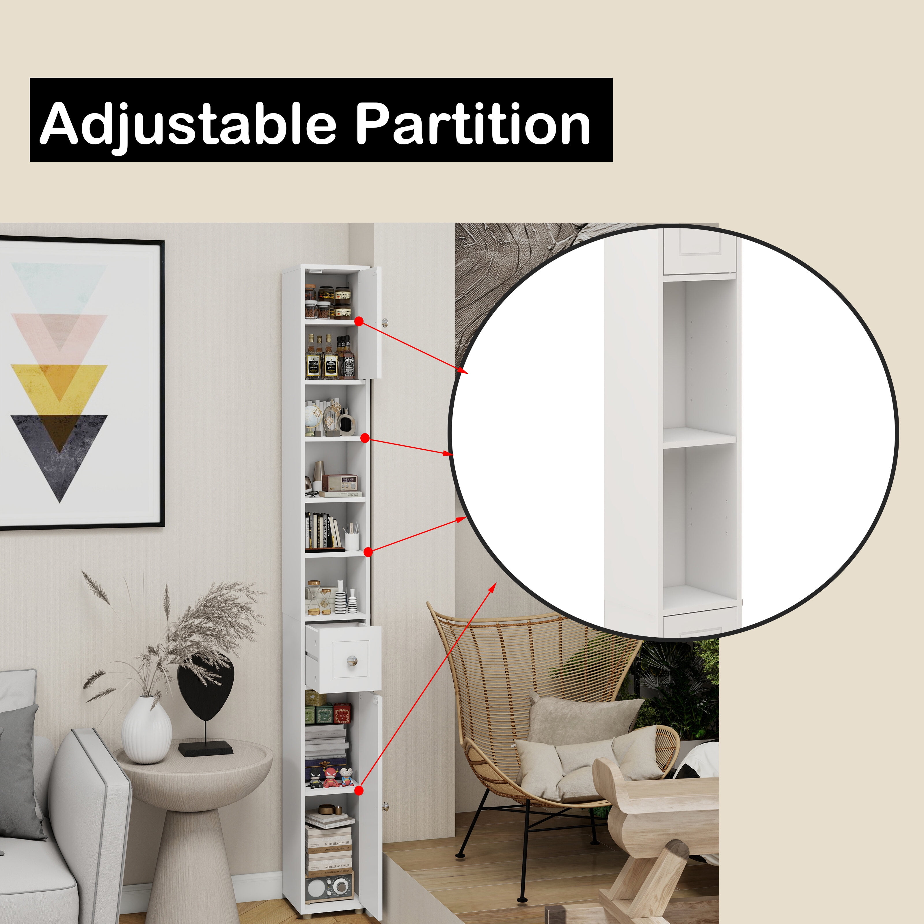 Bathroom Storage Cabinet Tall Slim Bathroom Storage Cabinet, 71" Freestanding Bathroom Cabinet with 1 Drawer, 2 Doors and 4 Adjustable Shelves-White,Over The Toilet Storage