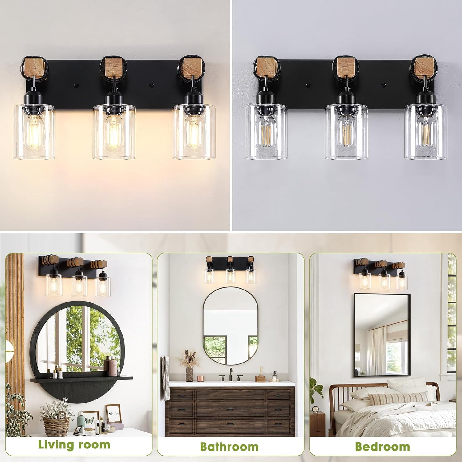 Farmhouse 3-Lights Wood Bathroom Vanity Light Black Bathroom Light Fixtures over Mirror with Clear Glass Shades for Living Room, Bedroom, Hallway