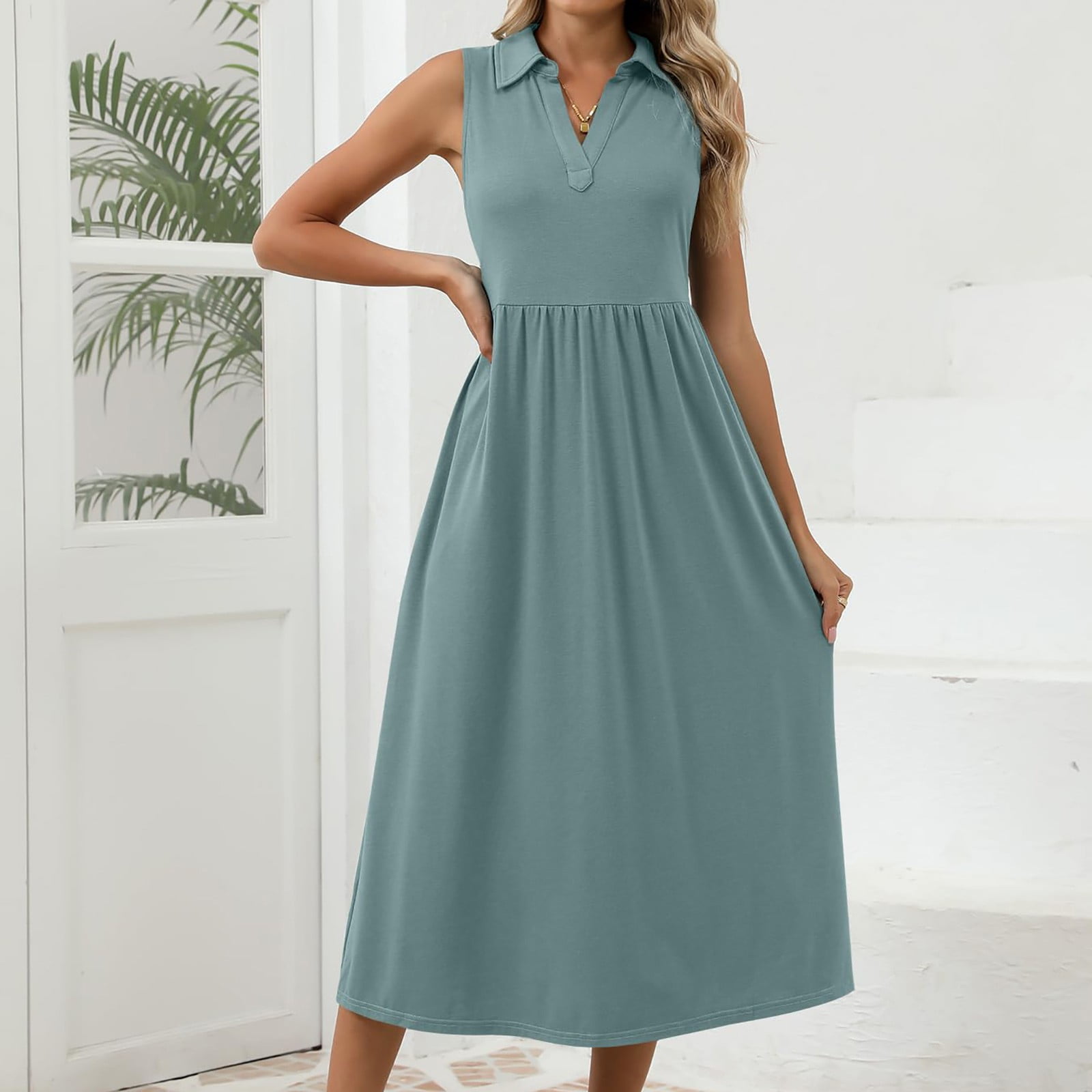 Miluxas Women's Summer Sleeveless Work Midi Dress 2025 Clearance V Neck  Casual Swing office Dresses Green XXL(XXL) - Walmart.com