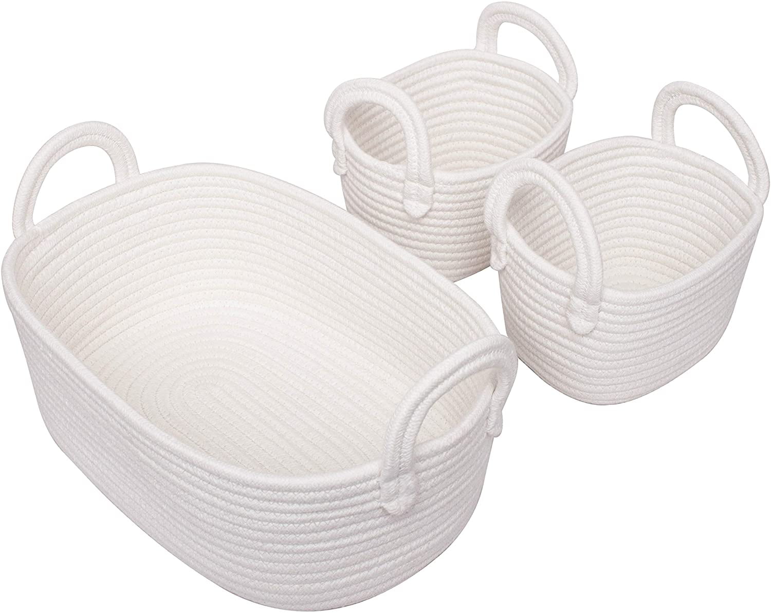 … Nursery Gift Decorative Cotton Woven Basket with Wood Handles White Nursery Baskets Organizer Bins for Baby Toys Cotton Rope Woven Storage Baskets Bin Set of 3 