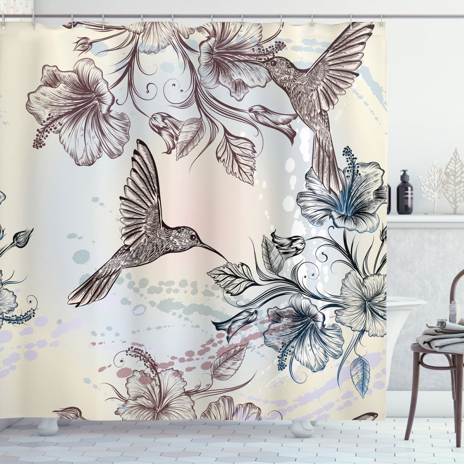 Hummingbird Shower Curtain, Birds And Hibiscus Flowers Nostalgia