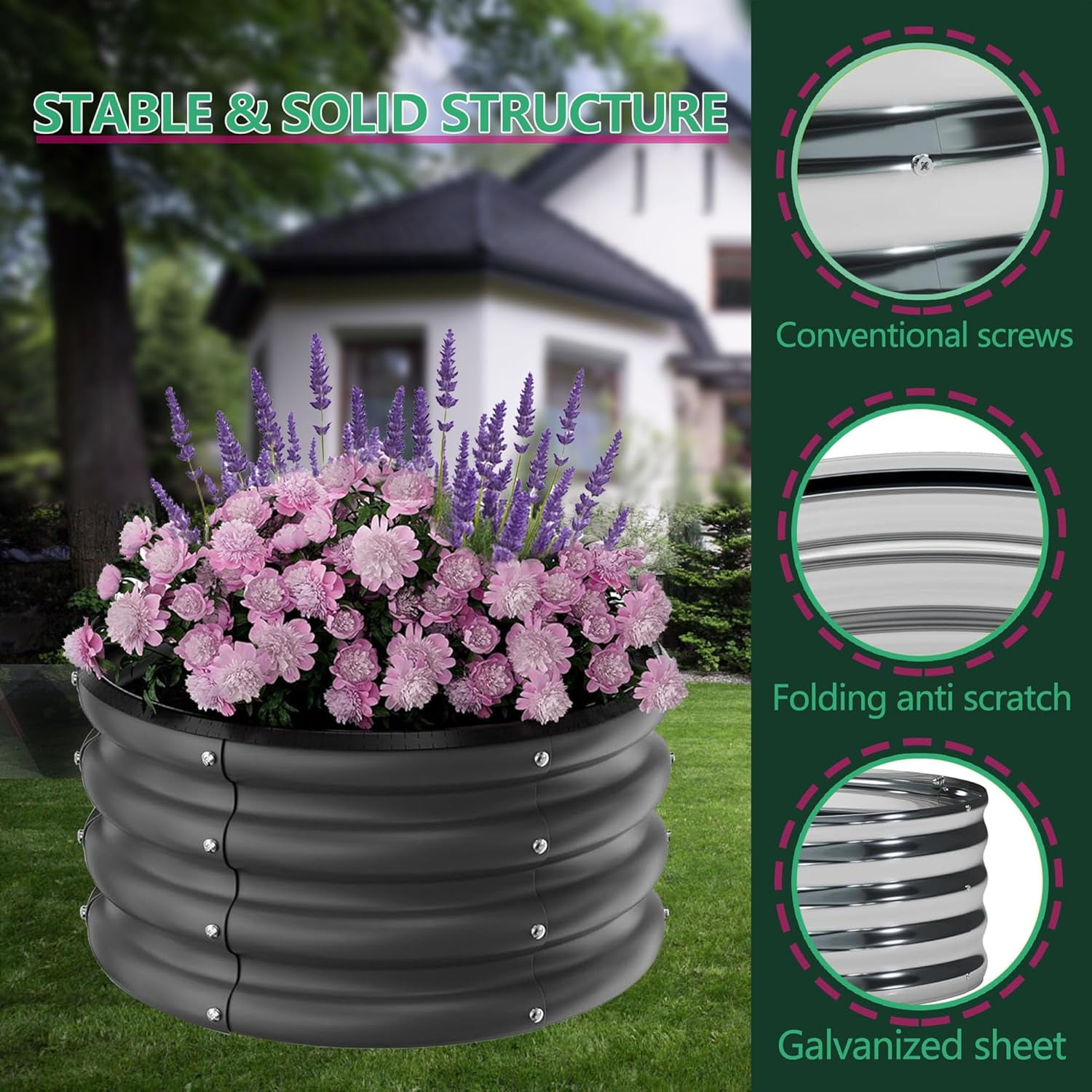 Garvee 3 Pack Round Metal Planters Galvanized Raised Garden Bed 23.62 x 23.62 x 11.02", Black
