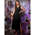 thumbnail image 2 of Vestido largo de fiesta de cóctel sin mangas con escote en V profundo y plisado en la parte delantera para mujer Negro S, 2 of 5