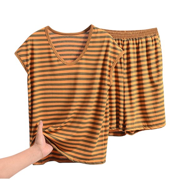 XuJwPNcy Women's Summer 2 Piece Lounge Sets Striped Cap Sleeve Tee Shirts with Mini Shorts Loungewear Short Sets Sleepwear