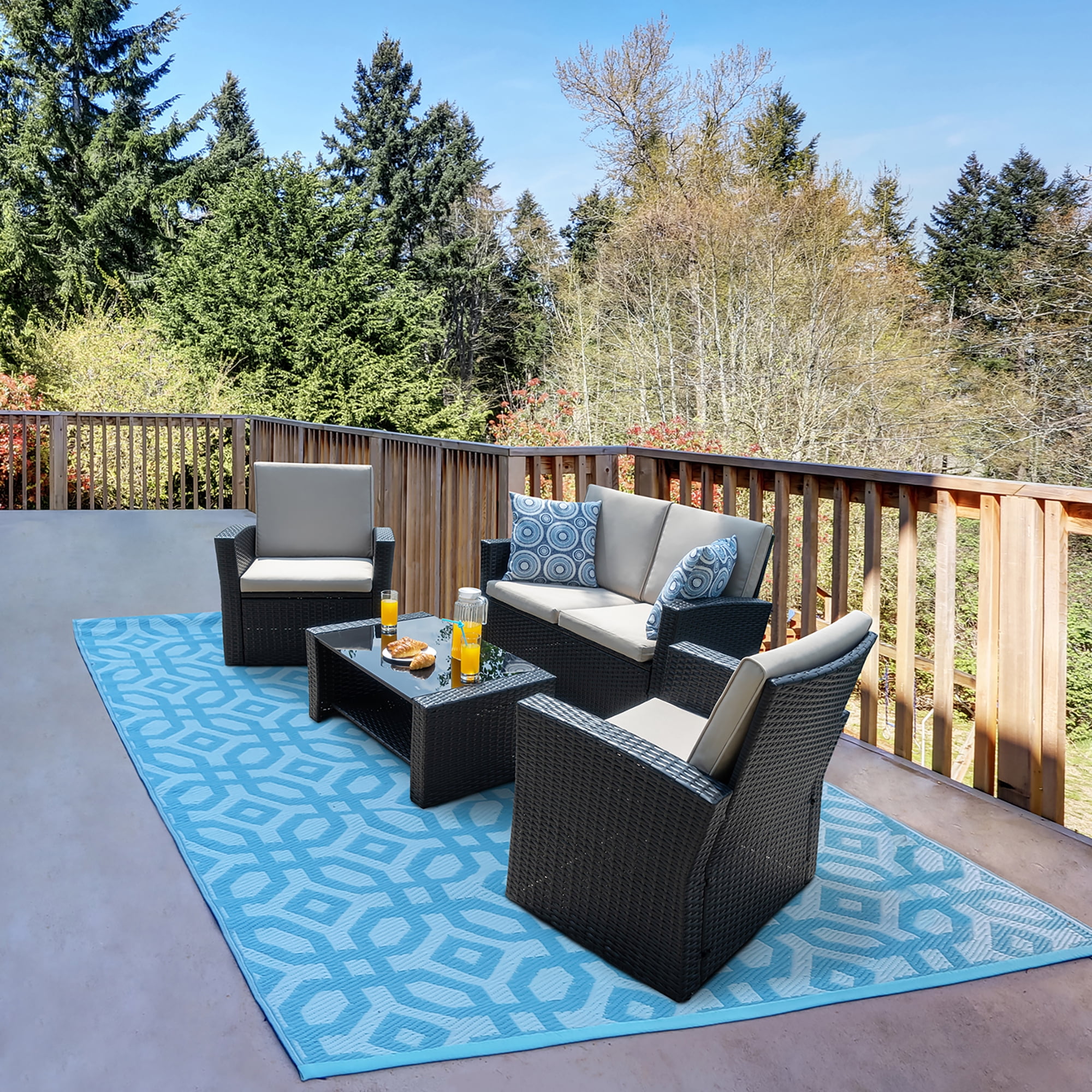 Walsunny 4 Pieces Outdoor Sectional Conversation Wicker Patio Furniture Set with Cushion Table for Backyard,Porch,Garden,Poolside Balcony,Gray