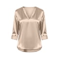 thumbnail image 4 of Silky Satin V Neck Blouse for Women Roll Cuffed 3/4 Sleeve Loose Tunic Shirts Business Casual Tops Lightweight Summer Trendy Outfits Beige, 4 of 6