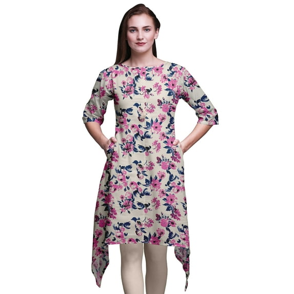 Bimba White Artistic Leaf & Floral Indian Tunic Tops For Girls Printed Casual Top For Women Ethnic Kurti XSmall