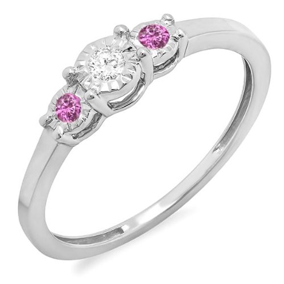 Dazzlingrock Collection Sterling Silver Round Pink Sapphire And White Diamond Ladies 3 Stone Engagement Promise Ring, Size 7.5
