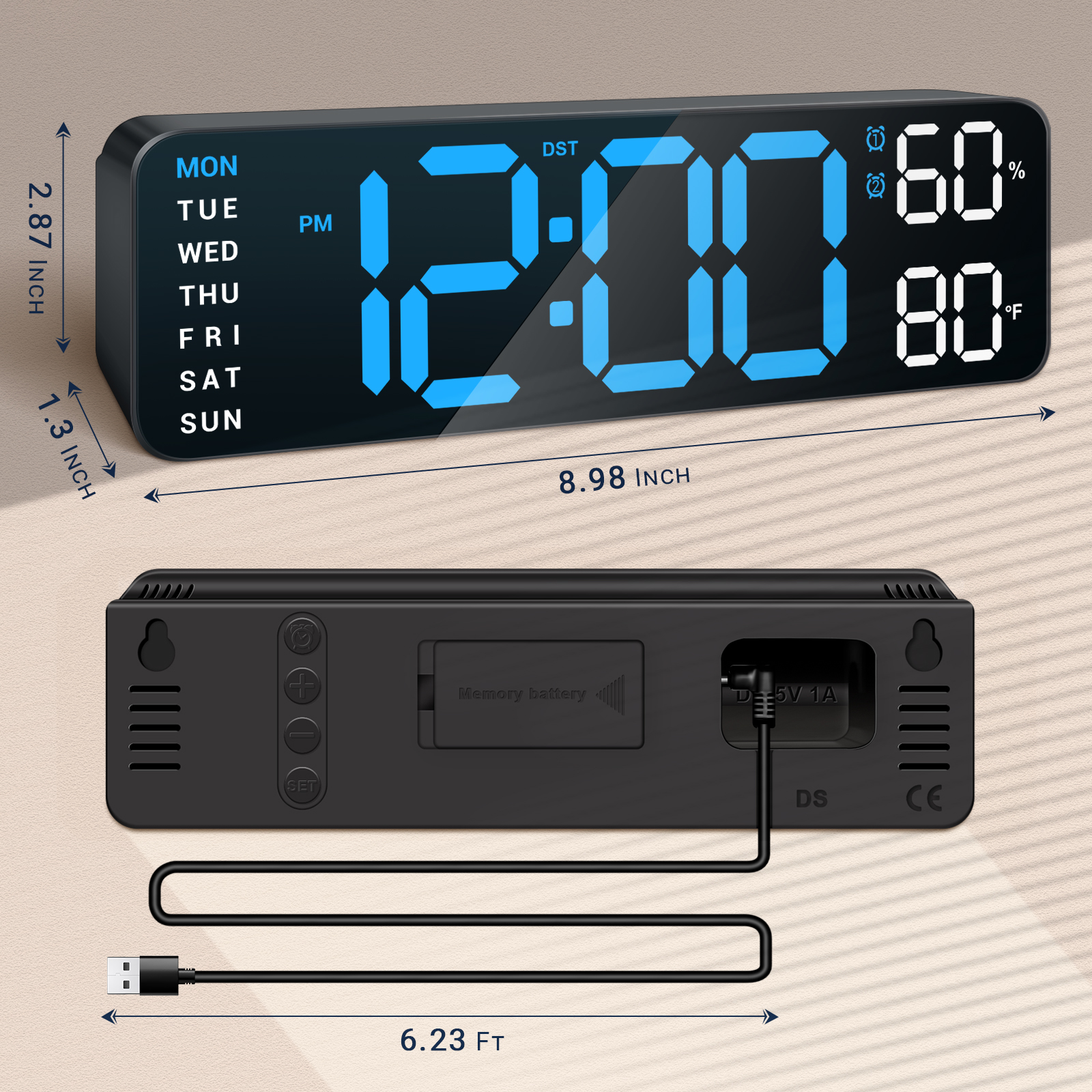10" Digital Wall Mount Clock: Dual Alarm Wall Mount Decor Clock for Living Room Classroom Office Desk, House Warming Gifts New Home Decor, Blue
