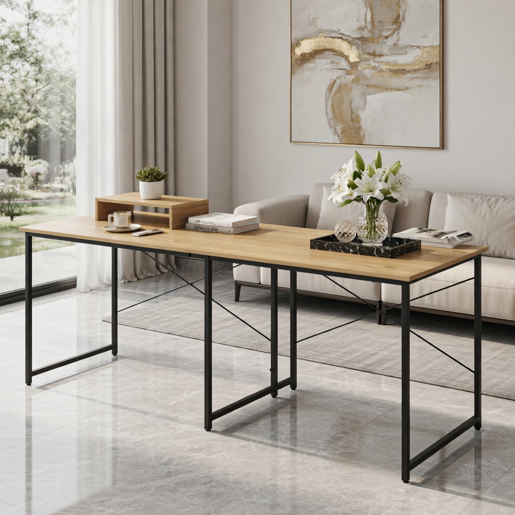 Demi Bonn 95" 2-Person L-Shaped Long Reversible Computer Desk with Monitor Stand, Small Home Office Desk Study Writing Table, Natrual