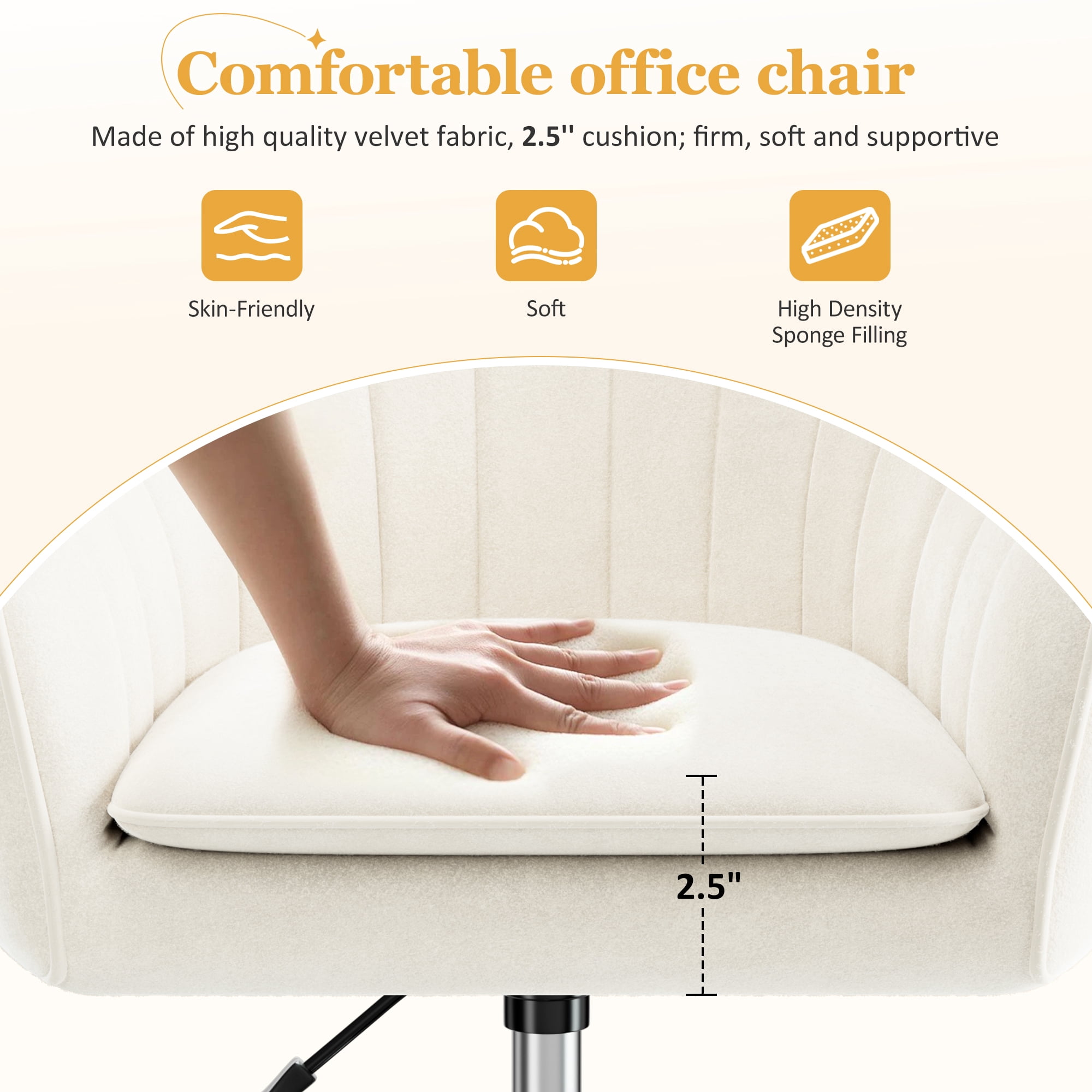 COOLHUT Office Desk Chair with Padded, Velvet Vanity Chair with Back and Wheels, Home Office Chiar with Sliver Legs, Height Adjustable, Rolling Chair for Vanity Room, Makeup Room, Bedroom, Beige