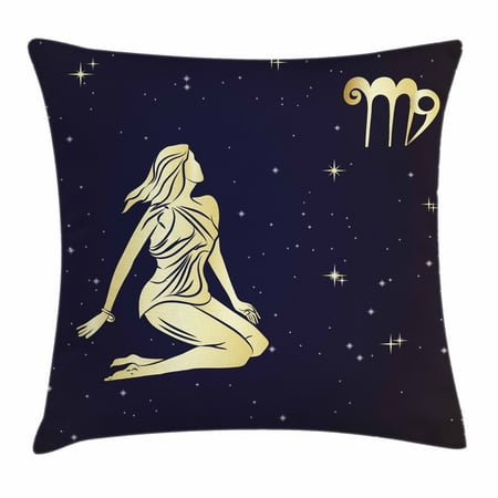 Star Cushion Short - Virgo Throw Pillow Cushion Cover, Woman in Short Dress Sitting in Space Looking at Stars Horoscope Themed Image, Decorative Square Accent Pillow Case, 18 X 18 Inches, Indigo Yellow, by Ambesonne