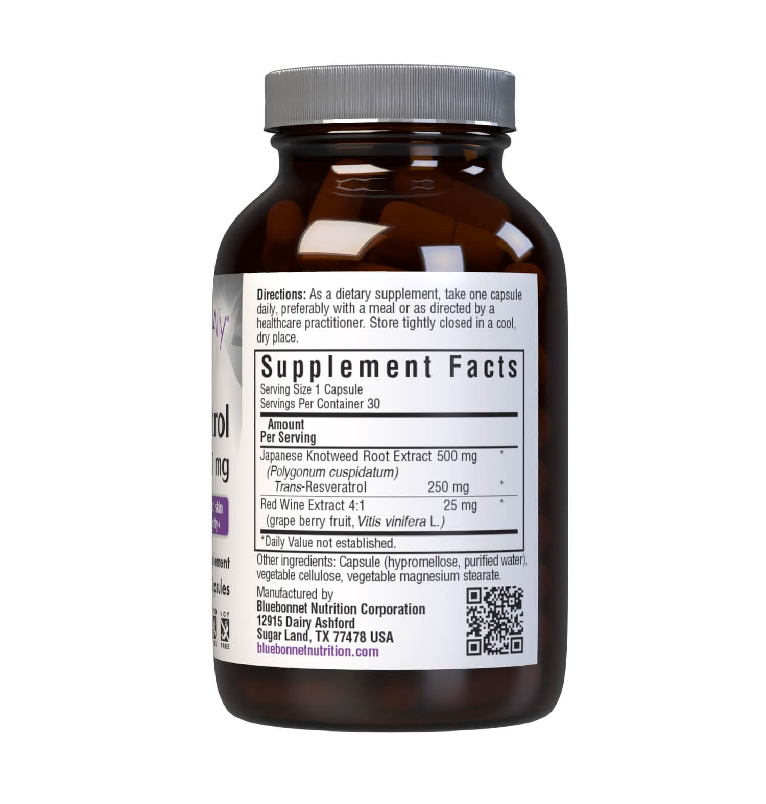 Bluebonnet Beautiful Ally Resveratrol 250mg, Protect Skin Integrity*, 30 Vegetable Caps