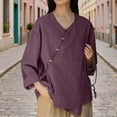 thumbnail image 7 of Goodtrade8 Cotton Linen Womens Blouses Summer Button Long Sleeve Solid Color Crew Neck Pocket Casual Ladies Top, 7 of 7