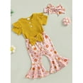 thumbnail image 3 of Wassery Infant Baby Girls Clothes Solid Color Knit Rib Short Sleeve Romper Crew Neck Jumpsuits Flower Print Flare Pants Headband 3Pcs Summer Set 0-18M, 3 of 8