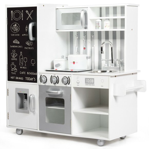 Costway Wood Kitchen Toy Kids Cooking Pretend Play Setw/ Utensils,Sounds & Wordpad White