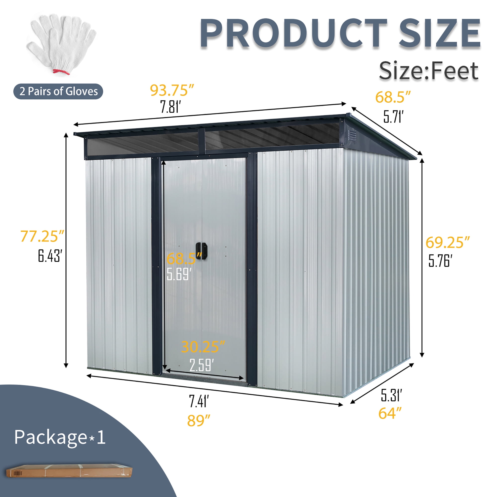 Kosynda 8' x 6' Outdoor Metal Storage Shed with Lockable Sliding Doors, Waterproof Metal Tool Storage House with Transparent Plate for Garden, Lawn, Backyard (White and Black)