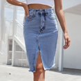 thumbnail image 2 of Women's Front Slit Blue Denim Skirt Pockets High Waist Slim Zipper Fly Midi Skirts Spring Female Casual Streetwear, 2 of 7