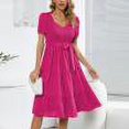 thumbnail image 1 of Robes Robe d'Été Femme Solide Décontractée Confort Col en V Sexy Polyvalente Manches Courtes Robe Rose Vif S, 1 of 8