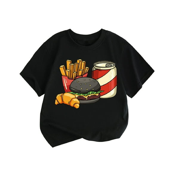 CPNG Toddler Boys Summer Short Sleeved Casual Cartoon Food Prints T-Shirt Tees Crewneck Basic Casual Tops(Black,4-5 Years)