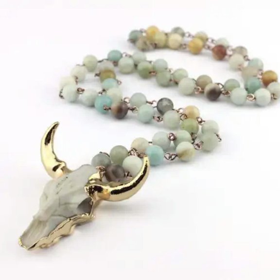 Bohemian Tribal Horn Pendant Jewelry Natural Amazonite Stones Statement Necklace
