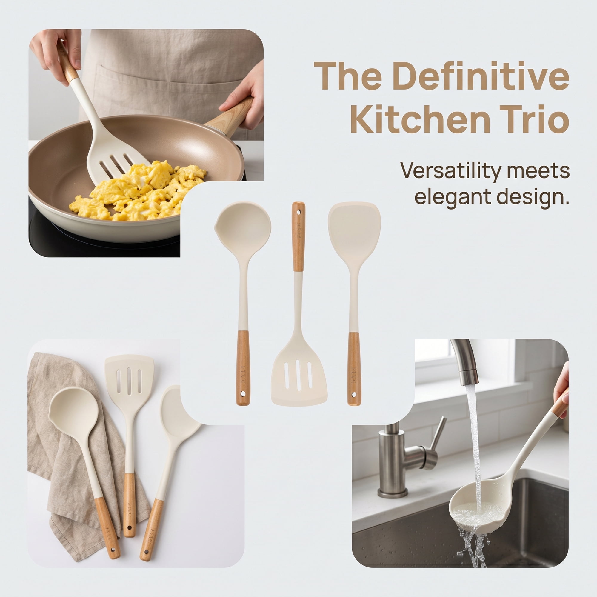 Unique Bargains Color-Blocked Round Holes Silicone Kitchen Utensil Set White C 3pcs