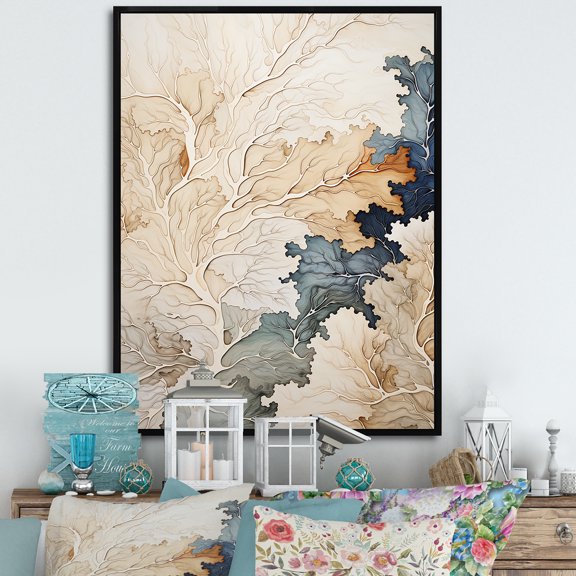 Designart "American Basswood Tree In Blue And Beige" Tree Amercian Basswood Floater Framed Wall Art Living Room