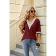 thumbnail image 6 of Anbech Deep V Neck Women Blouse Guipure Lace Shirt Solid Color Splice Trendy Short Sleeve Casual Tops, 6 of 9