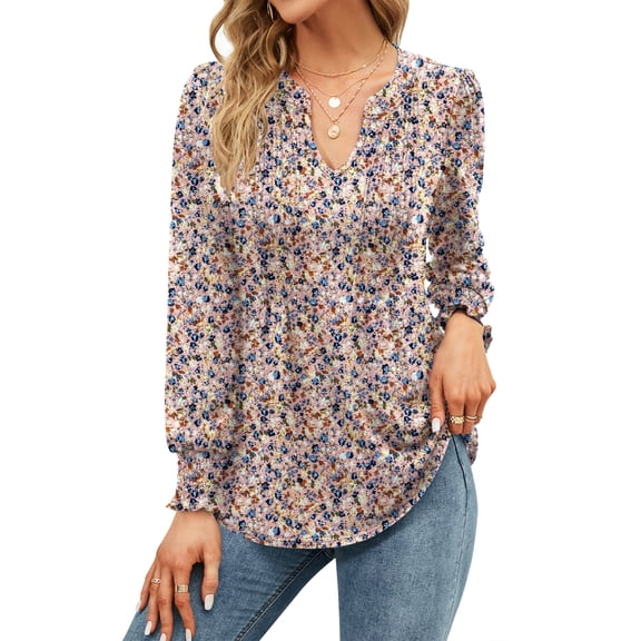 ZHENWEI Womens V-Neck Puff Long Sleeve Pleated T-Shirts Fashion Fall Tops Casual Tunic Blouse
