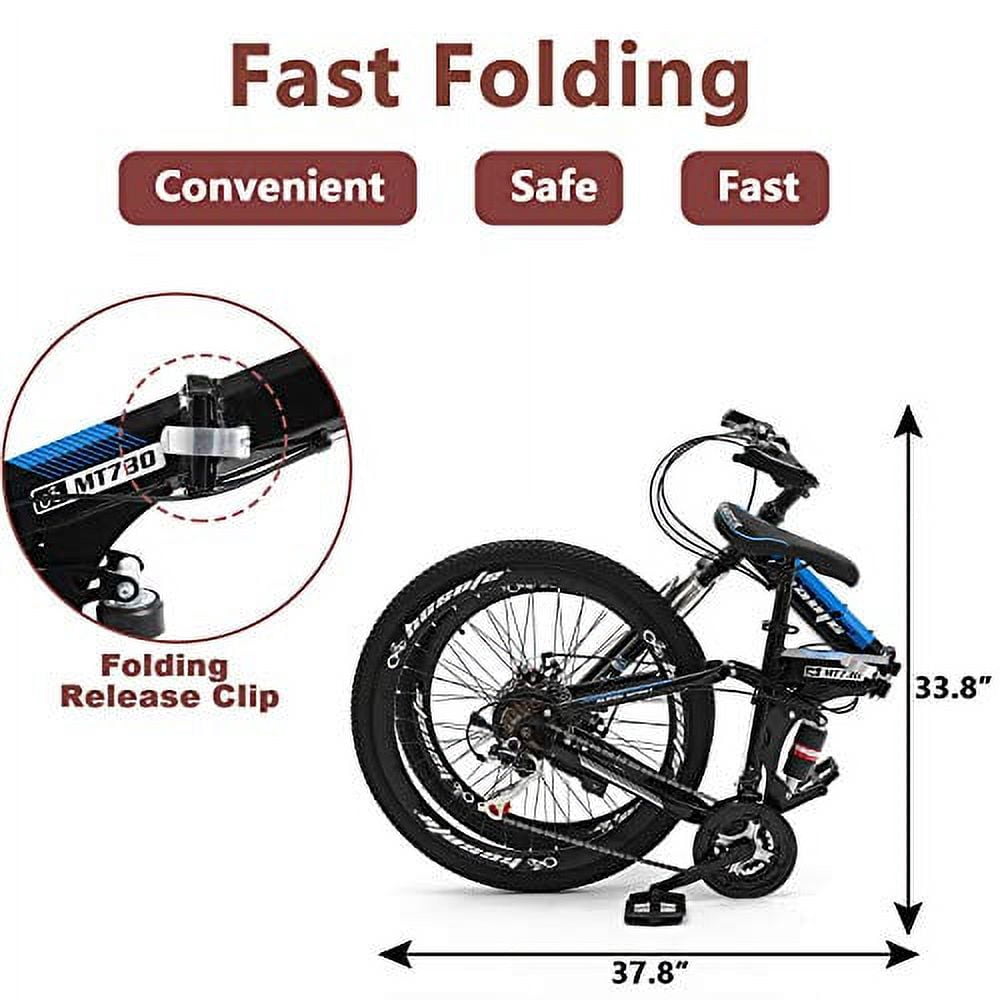 HOSOTE 26 Inch Full Suspension Folding Mountain Bike, 21 Speed High-Tensile Carbon Steel Frame MT, Dual Disc Brake Mountain Bicycle for Men and Women