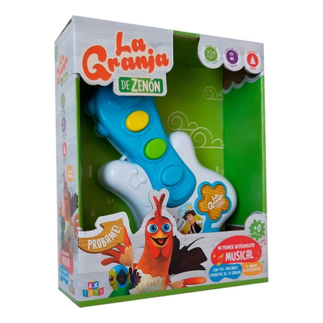 guitarra mi primer instrumento musical la granja de zenón juguete multicolor con tres botones grandes azul, verde y amarillo, reproducción de melodías y canciones de La Granja de Zenón; vista frontal en empaque con logo y dibujo de gallina, funciona con 2 pilas AA incluidas, recomendada para 0-3 años.