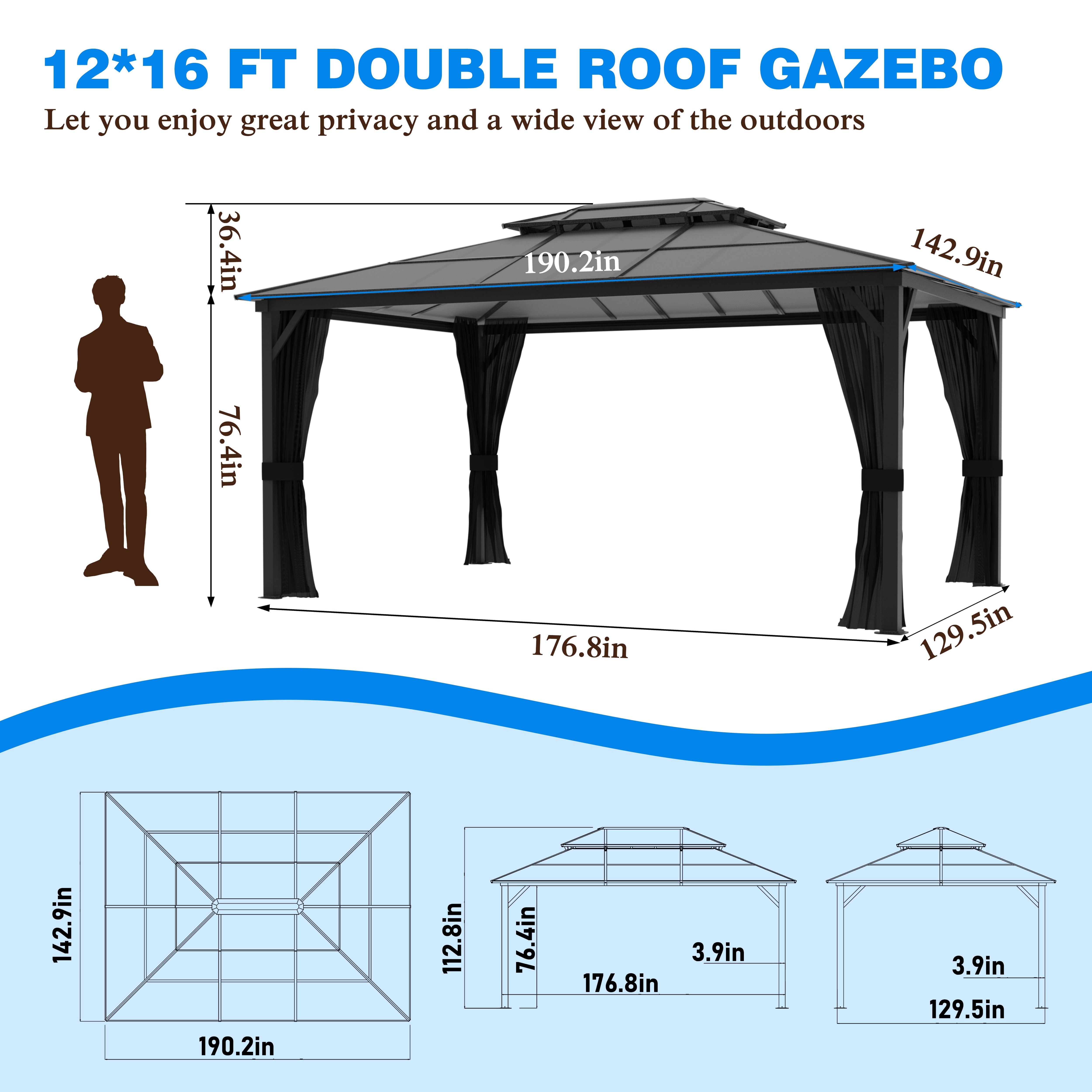 VEIKOUS 16' x 12' Outdoor Hardtop Gazebo, Double Roof Gazebo w/ Nettings for Patio, Garden